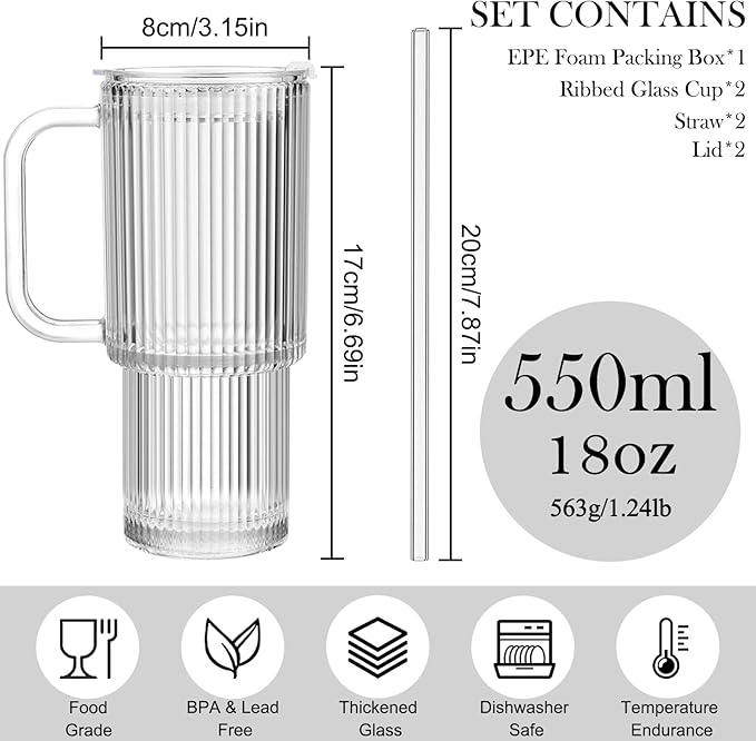 2 Pack Iced Coffee Cup with Lids, 18oz Clear Glass Tumbler with Straw & Lid, Ribbed Glassware Cups, Dishwasher Safe Drinking Glasses, Stylish Glass Cups for Coffee, Juice, Tea, Matcha