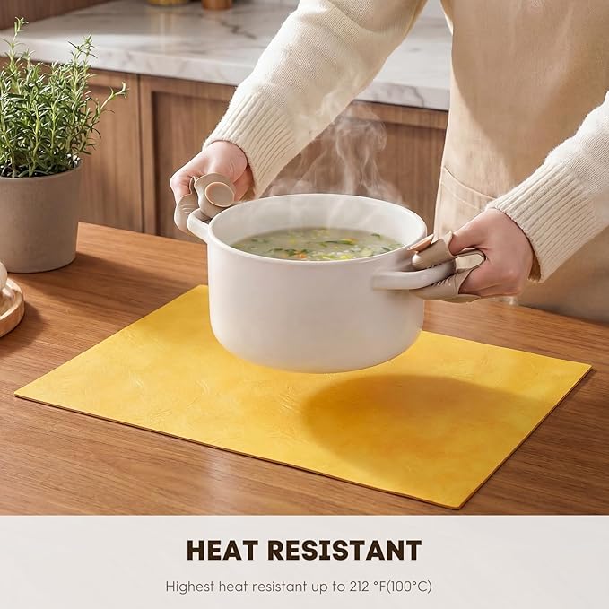Artoid Mode Yellow Faux Leather Placemats Set of 4, 12x18 Inch Waterproof Wipeable Heat Resistant Vinyl Place Mats, Reversible Table Mats for SummerKitchen Dining Decor