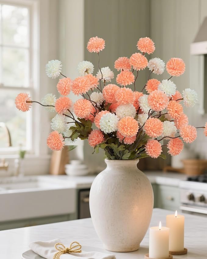 DuHouse 6pcs Artificial Flowers Faux Silk Pompon Mum,Artificial Kiku Flower White for DIY Wedding Bouquets Centerpieces Vase Home Table Kitchen Decorations(Ivory White)