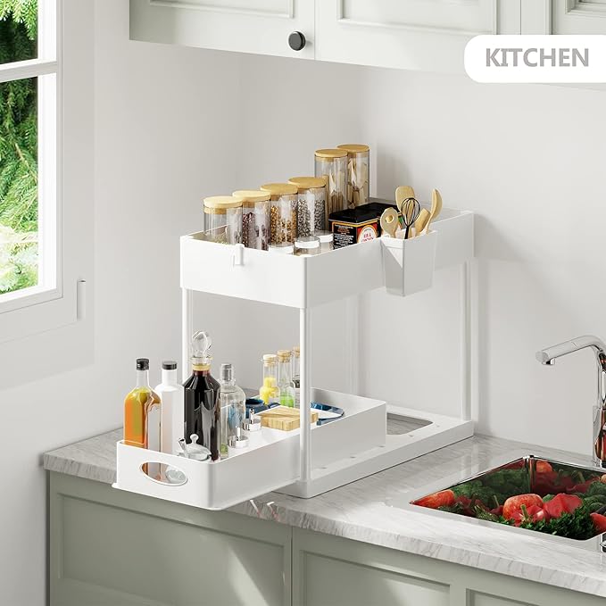 Under Sink Organizers and Storage | Bathroom Cabinet Organizer, Sink Shelf with Utility Hooks and Side Caddy for Under Cabinet Storage | White (1-Pack) Under Kitchen Sink Organizer with Sliding Drawer