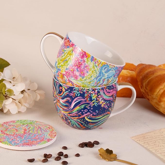 KAMMAK Coffee Mugs Ceramic Tea Cups Set of 2, 15 oz Porcelain Espresso Cups with Coaster Large Novelty Mugs with Handle for Cappuccino, Latte, Americano, Breakfast Cereal, Hot Cocoa (Purple + Ocean)