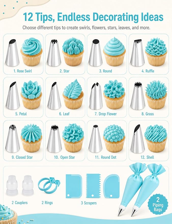 Piping Bags and Tips Set, Reusable Cake Decorating Supplies with 2 Reusable Bags, 12 Icing Tips, 2 Silicone Rings, 2 Couplers and 3 Scrapers, Cake Baking Tools for Cookie Icing Cupcakes