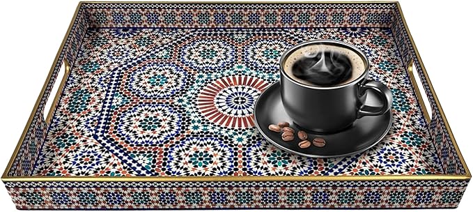 Plastic Coffee Trays,Serving Tray,Bohemian Blue Tray,15.7" L x 11.8" W x 1.57" H,Lightweight and Non-Slip with Handles,Perfect for Restaurants,Cafés,and Home Use(Rectangle Bohemian Blue)