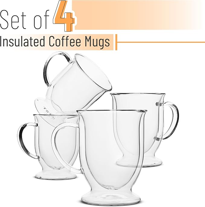 BTaT- Double Walled Glass Coffee Mugs, 16 oz, Set of 4, Glass Coffee Cups with Handle, Insulated Clear Coffee Mug for Hot and Cold Beverages, Cappuccino, Latte, Tea, Americano, Microwave Safe