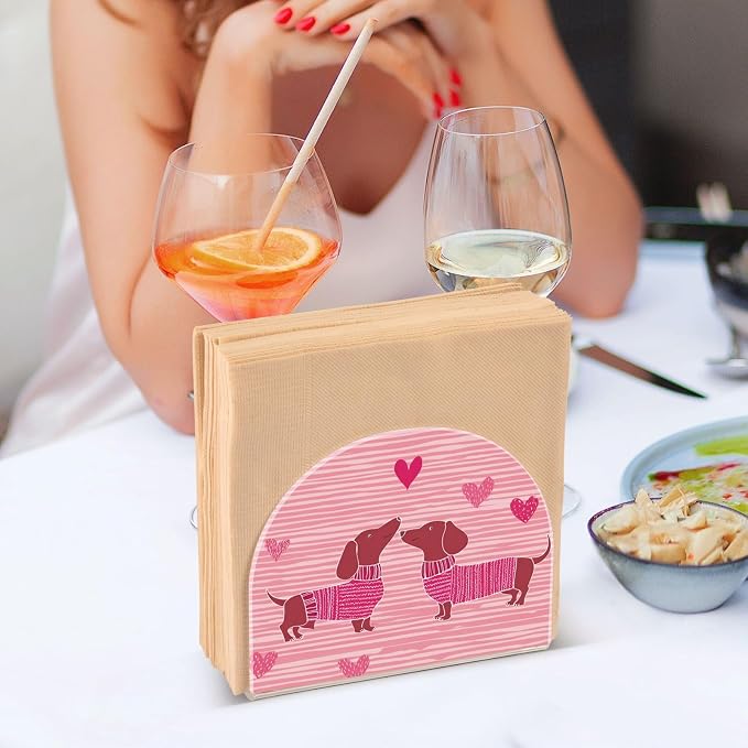 Napkin Holder Acrylic Napkin Holder for Table Kitchen Party Restaurant U Shaped Upright Napkin Dispenser Organizer Pink Striped Dachshunds and Hearts
