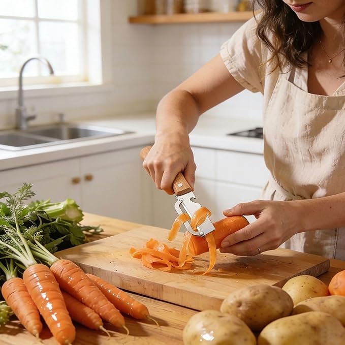 2 PCS Multifunctional Vegetable Peelers for Kitchen, 2026 Upgraded Stainless Steel Peeler with Bottle Opener, Wooden Handle,Julienne Cutter, 2-in-1 Non-Slip Kitchen Tool for Potato, Carrot, Fruits