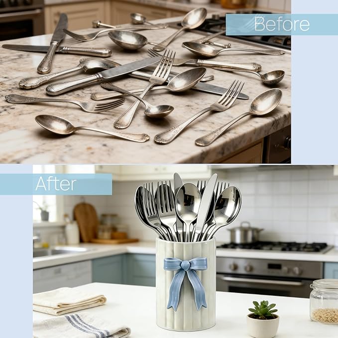 Handmade Blue Bow Ceramic Utensil Holder, 3D Coquette Cooking Utensil Crock for Kitchen Counter, Preppy Storage Caddy Organizer Vase Decor for Kitchen Countertop
