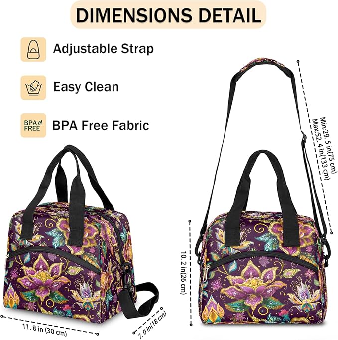 Pardick Ethnic Flower Purple Insulated Lunch Bag for Women Girl Reusable Lunch Tote Box With Shoulder Strap Lightweight Thermal Cooler Meal Prep Bag for Work School Office Picnic