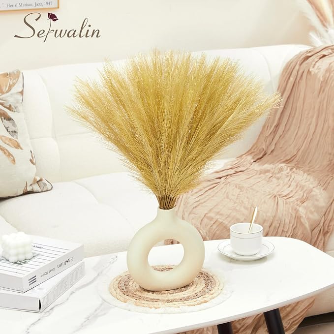 Serwalin 60Pcs Gold Pampas Grass Decor, 17.7" Faux Pampas Grass, Artificial Short Pompas Grass Branches Fluffy Plant Vase Filler Boho Decoration for Home Wedding Party