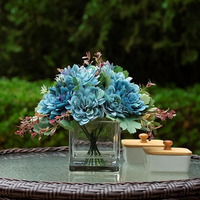 ENOVA FLORAL Mixed Artificial Daisy Floral Arrangements with Vase, Table Centerpieces for Dining Room, Silk Daisy in Glass Vase with Faux Water for Home Decor, Wedding Centerpieces (Blue)