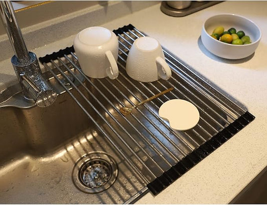 Roll up Dish Drying Rack Over The Sink Portable Stainless Still Rolling Rack Folding Mat for Kitchen Counter (Black, 17.7''LX11.8''W)