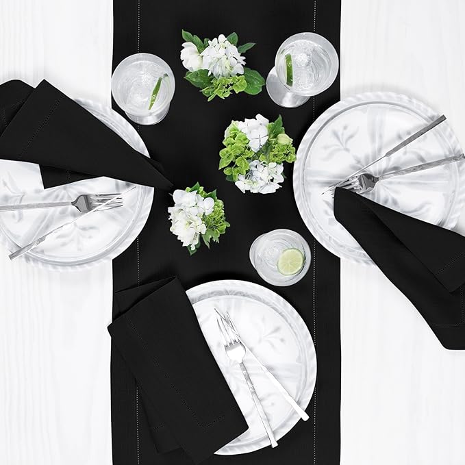 Solino Home Linen Black Table Runner 156 Inches Long - 100% Pure Linen Extra Long Table Runner 14 x 156 Inch for Summer - Classic Hemstitch