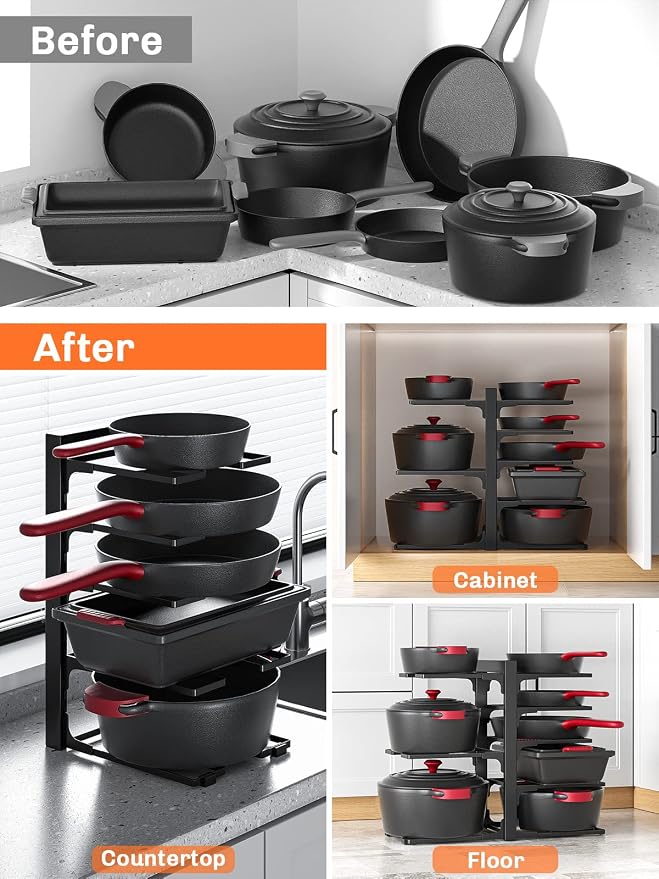 MUDEELA 8-Tier Heavy Duty Adjustable Pots and Pans Organizer and 10 Expandable Pans Organizer Rack for under Cabinet Bundle