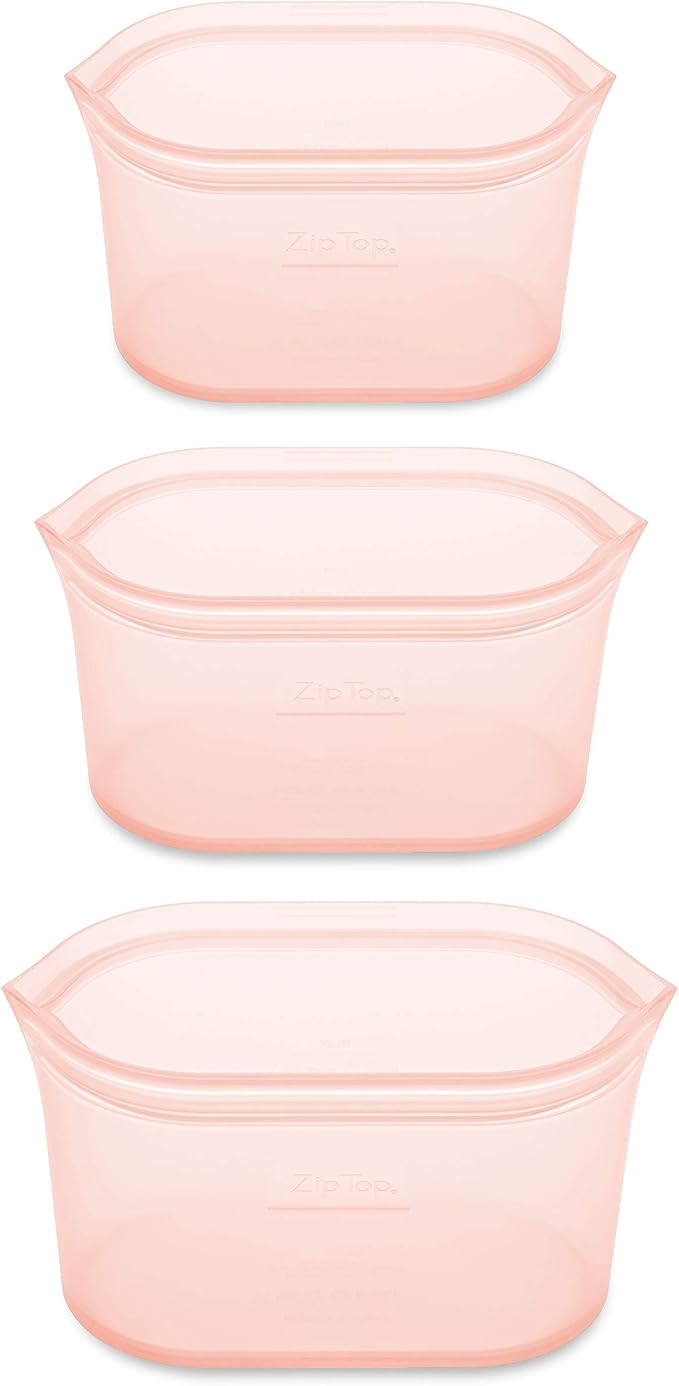 Zip Top Reusable Food Storage Bags | 3 Dish Set [Peach] | Silicone Meal Prep Container | Microwave, Dishwasher and Freezer Safe | Made in the USA
