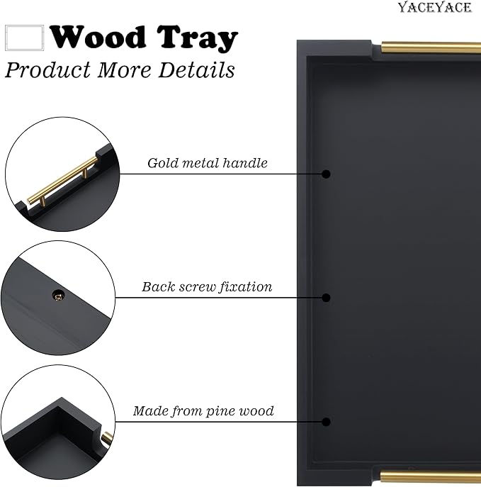 Wood Serving Tray with Metal Handles, 15.75" x 11.8" x 1.7" Black Serving Tray for Home Decorative, Rectangle Wooden Trays for Ottoman, Cafe