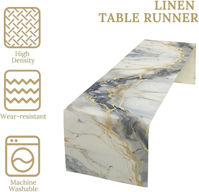 Marble Table Runner, Abstract White Grey and Gold Modern Luxury Texture Printed Linen Table Runners for Living Room Kitchen Dining Room Party Holiday Home Decor 13" W x 60" L