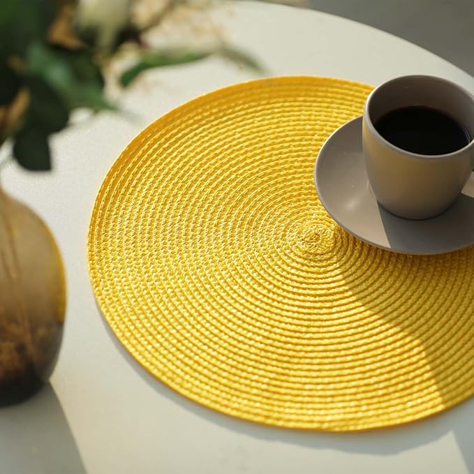 FunWheat Round Braided Placemats Set of 8 Place Mats for Dining Tables Woven Washable Non-Slip Table mats Small 13 inch(S Yellow, 8pcs)