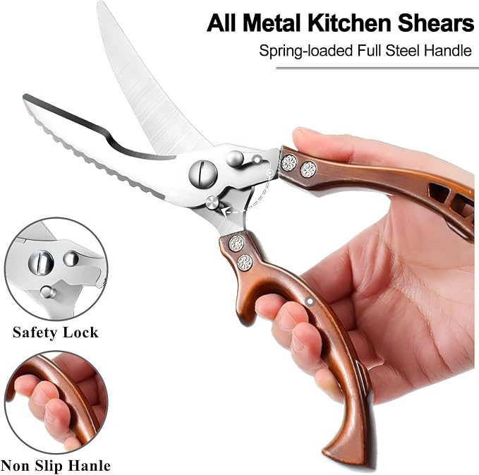 ZICOLU Poultry Shears Heavy Duty Professional, Multipurpose Kitchen Shears with Sheath, Spring-Loaded Stainless Steel Chef Scissors Cutting Bone, Chicken, Fish, Food, Meat, Full Steel Handle Brown