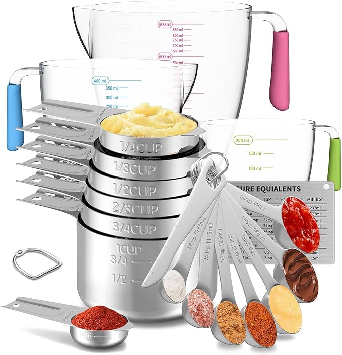 Stainless Steel Measuring Cups and Spoons Set, 6 Stainless Steel Measuring Cups, 7 Measuring Spoons & 1 Leveler, 3 Plastic Measuring Cup with 1 Measuring Conversion Chart