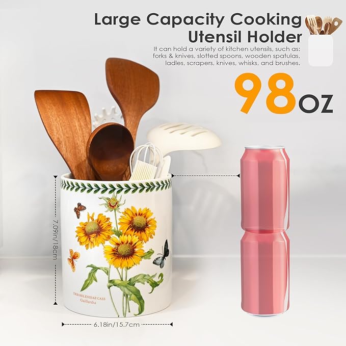 ACMLIFE Kitchen Utensil Holder Extra Large, 7.3" Cooking Utensil Holder, Ceramic Kitchen Organizer Counter, Fruit Basket, Vase, Ice Bucket for Parties, Gift & Dinning Decor, Chrismas (Sunflower)