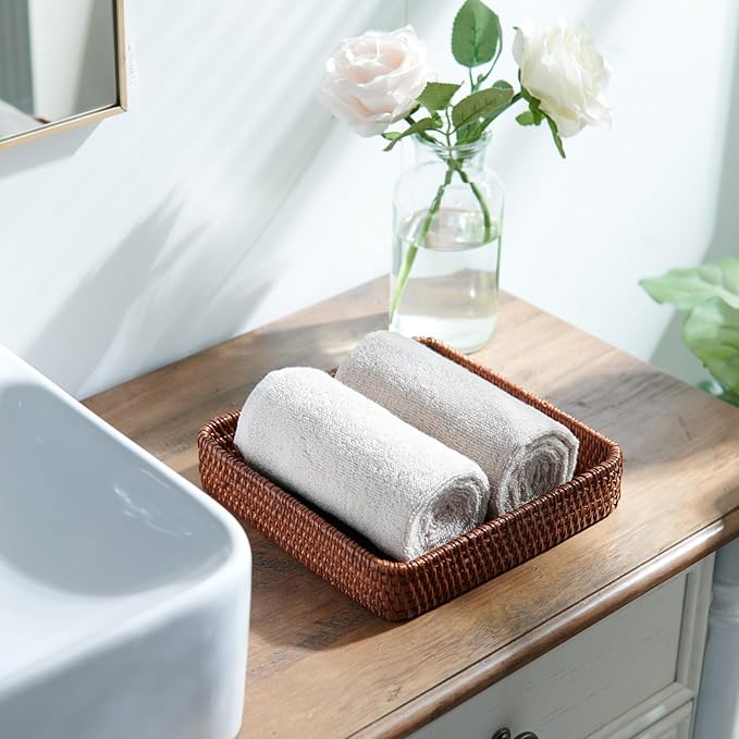 Rattan Tray Set of 3, Rectangular Woven Tray, Wicker Decorative Serving Tray, CoffeeTabletop Vanity Organizer, Bathroom Kitchen Counter, (S 4.3 x 8.3), (M 8.3 x 8.3), (L14.6 × 9.1) (Dark Brown)