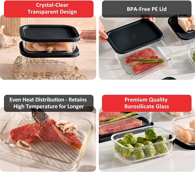 EATEX Grooved Base Glass Meal Prep Containers, 12 Pack Glass Food Storage Containers with Lids for Meal Prep & Lunch, Microwave Oven Freezer Dishwasher Safe, Anti Moisture Non-Stick Design - Black