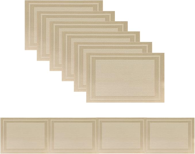 Placemats, Washable PVC Table Mats, Woven Vinyl Placemat for Dining Table Place Mats Set (6 Placemats and 1 Table Runner, Beige-Frames)