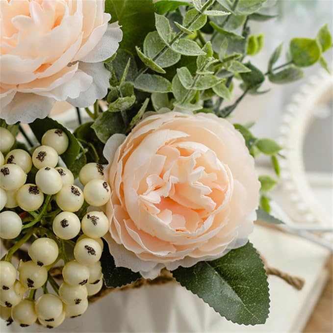 EOBTAIN Artificial Flowers in Vase Silk Flowers Fake Flowers with Ceramic Vase for Indoor Table Decor,Faux Flower and Green Leaf Plants Decorations for Home Offic Party,Dining Table Centerpiece.