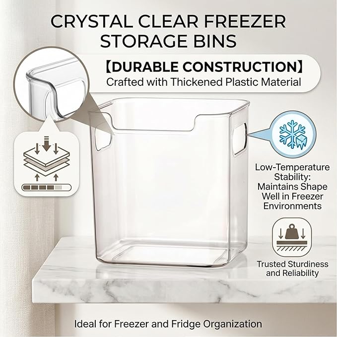 Clear Freezer Storage Bins – Plastic Bins for Refrigerator and Pantry, Stackable Clear Plastic Organizer Containers with Handles for Pantries, Bathrooms, and Cabinets (S,B8pc)