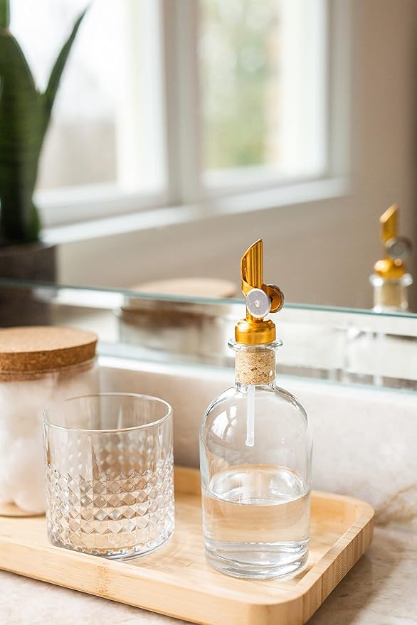 Rail19 Small Clear Glass Mouthwash Dispenser with Metal Pour Spout | Cooking Oil and Vinegar Dispenser - Perfect for The Bathroom, Kitchen and Tabletop, 8oz (Gold)