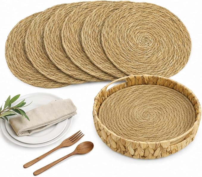 Woven Placemats Set of 6 with Water Hyacinth Basket, Round Natural Handwoven Place Mats Heat Resistant Table Mats for Dining Table Farmhouse Boho Kitchen Table Decor