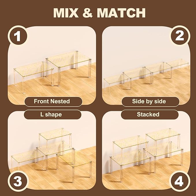 Acrylic Cabinet Organizer, Set of 4 Stackable Spice Rack for Kitchen Organizer Storage Countertop Spice Organization for Cabinet Display Shelves(Gold)
