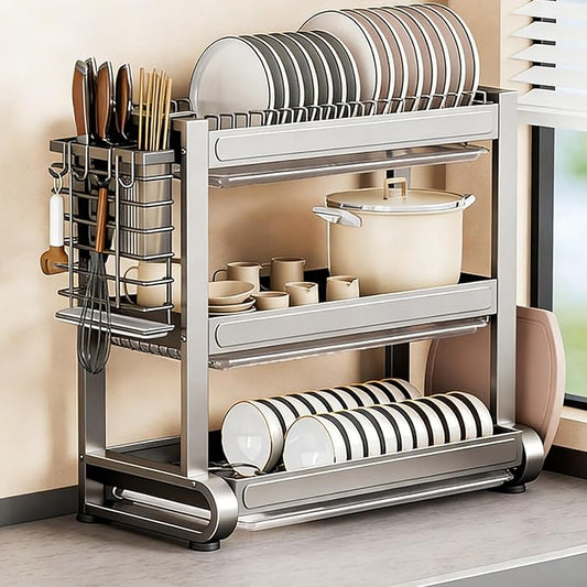 JHDXL Over Sink Dish Drying Rack, 2/3-Tier Stainless Steel Dish Rack, Multifunctional Metal Counter Shelf, Stable Load-Bearing, for Plates, Bowls, and Pots(Gray 2,55.5cm/21.9in)