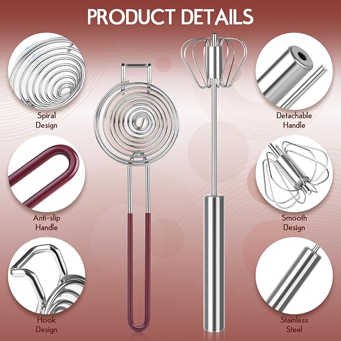 2 pcs Whisk Set with Yolk Separator,Stainless Steel Semi-Auto Egg Beater Whisk and Egg Separator,Hand Push Mixer Stirrer for Blending,Whisking,Beating & Stirring