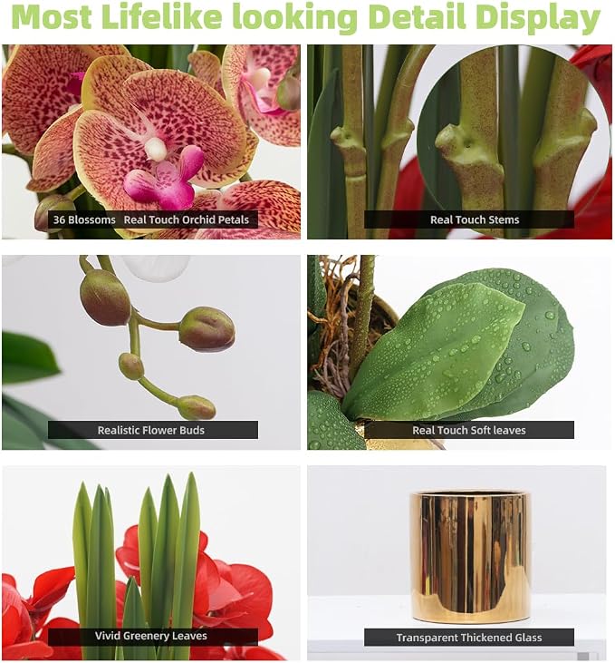 CXGS Artificial Orchid Flower Plants Real Touch Faux Orchids in Ceramic Vase 20.9'' Purple Dapple Phalaenopsis Orchid Fake Flower Arrangement Home Indoor Decor