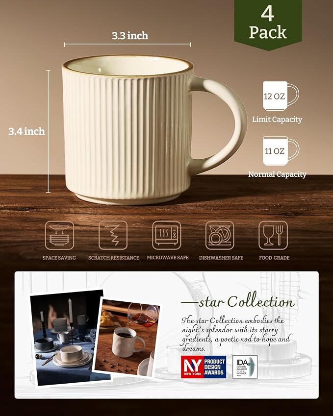 famiware Coffee Mug Set for 4, Star 12 oz Catering Mugs Cup Set with Handle for Coffee, Tea, Cocoa, Milk - Ceramic Stoneware Drinkware Set, Vanilla White