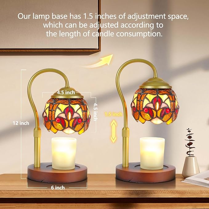 Baroque Tiffany Candle Warmer Lamp with Wood Base - Height Adjustable, 2/4/8H Timer, 4-Level Dimmer - Includes 2 GU10 Bulbs - Vintage Aesthetic Room Decor & Gifts for Women, Fits Candles up to 5"