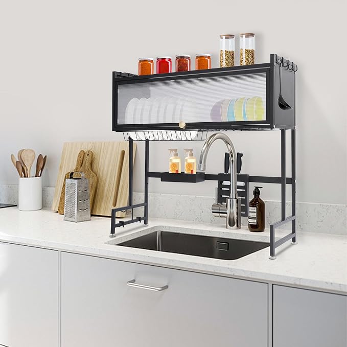 Over The Sink Dish Drainer with Cover, 2 Tier Dish Drying Rack for Kitchen Counter, 33" W Sink Drying Rack for Dishes, Glasses, Bowls, and Cutlery