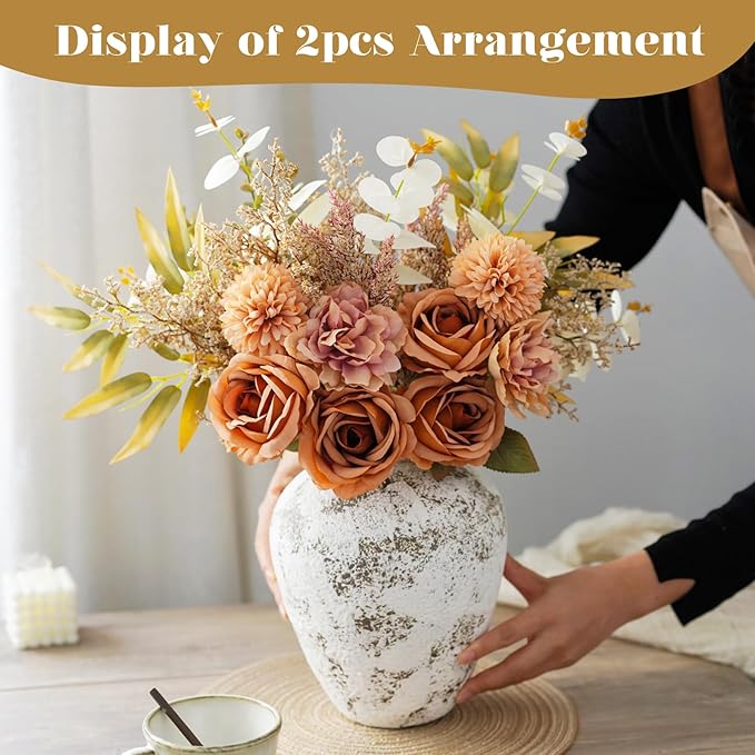 Artificial Flowers Bouquet - Faux Silk Flowers Centerpiece, Realistic Fake Flowers Plants for Home Decor Dining Table, Indoor Vase, Wedding Bouquet Arrangements (Orange)