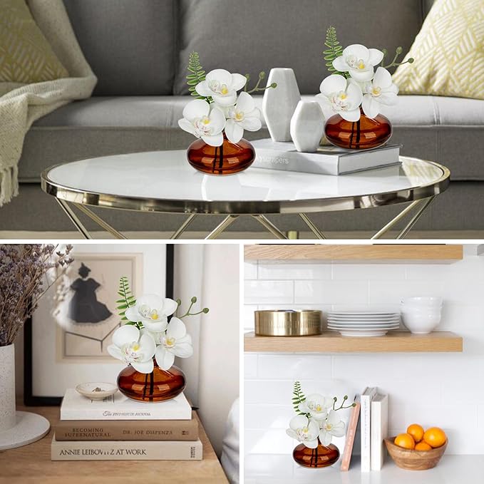 Oairse White Orchids Artificial Flowers Faux Orchids Arrangement in Amber Glass Vases Set of 3 Real Touch Phalaenopsis Orchid Flowers Small Fake Orchid Centerpiece for Dining Room Table