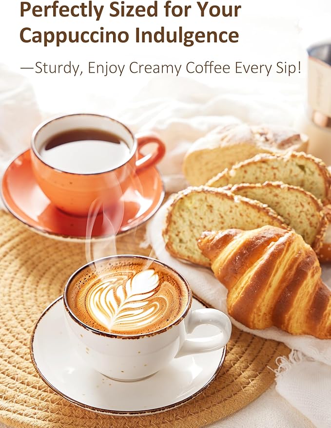 8oz Cappuccino Cups and Saucer, Porcelain Coffee Mugs, Latte Cups Set for Cappuccino, Espresso, Americano, Latte, Tea, Mocha, Microwave Dishwasher Safe, Set of 4, White
