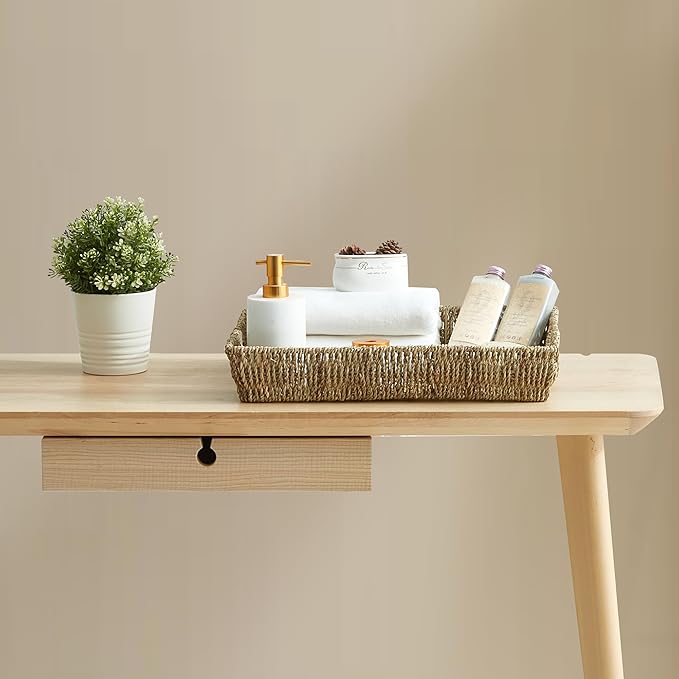 JS HANGER 16.93" Hand-Woven Rattan Serving Tray Decorative Wicker Trays with Built-in Handles for Coffee Table, Natrual Grass Storage Tray