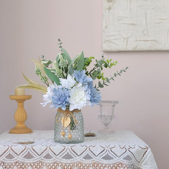 Faux Flowers with Vase,Artificial Silk Flowers in Vase, Fake Plant Eucalyptus and Willow,Flower Arrangement for Home Farmhouse Dining Table Centerpiece Decorations Coffee Table Decor (Dusty Blue)