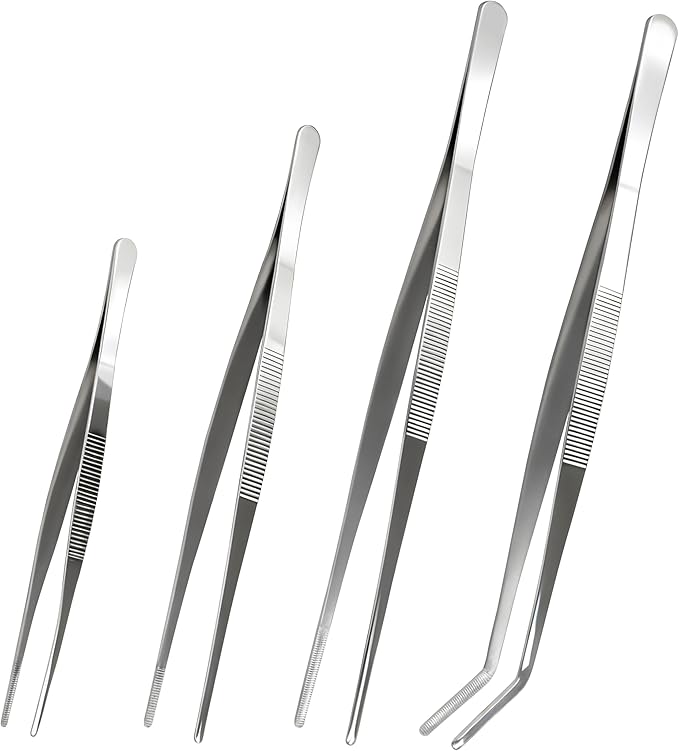Kitchen Tweezers Tongs Set of 4, Stainless Steel Cooking Utensils, Straight & Bent Tip, Chef Tools (7.9″+ 9.8″+11.8″)