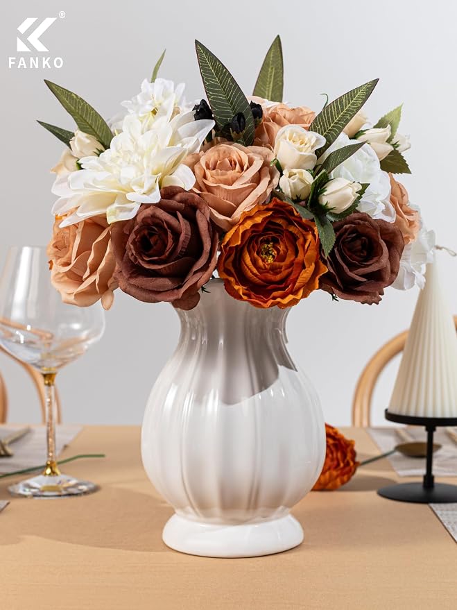 FANKO Artificial Flowers for DIY, Brown Burnt Orange White Faux Flowers Bouquet, Colorful Fake Rose Dahlia Ranunculus Silk Flowers for Vase, Home Decor, Garland, Summer Wedding, Birthday, Party