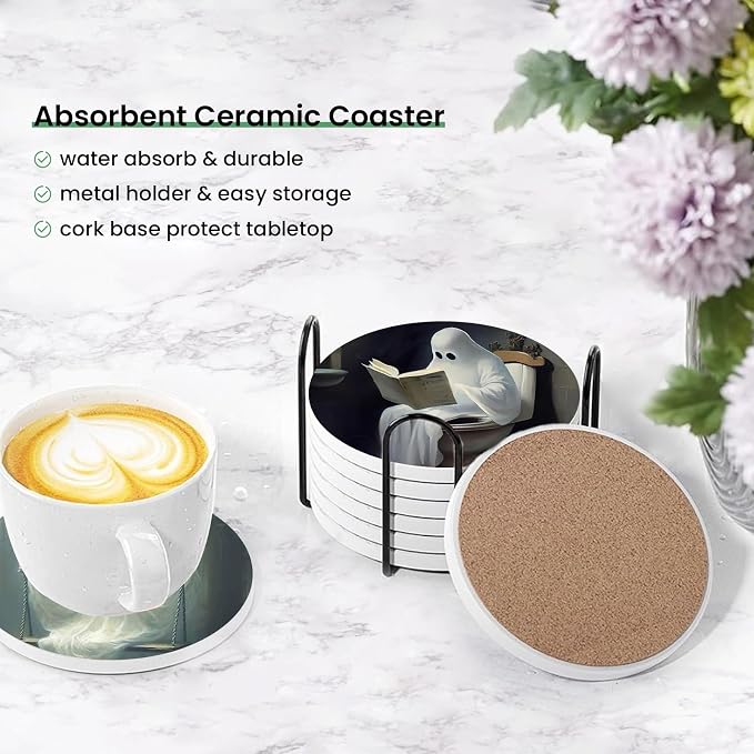 Halloween Ghost Coasters for Drinks Set of 6,Round Absorbent Ceramic Stone Coaster with Metal Holder Stand,Vintage Cute Ghost Art Coasters with Cork Base for Coffee Table,Parties,Gifts