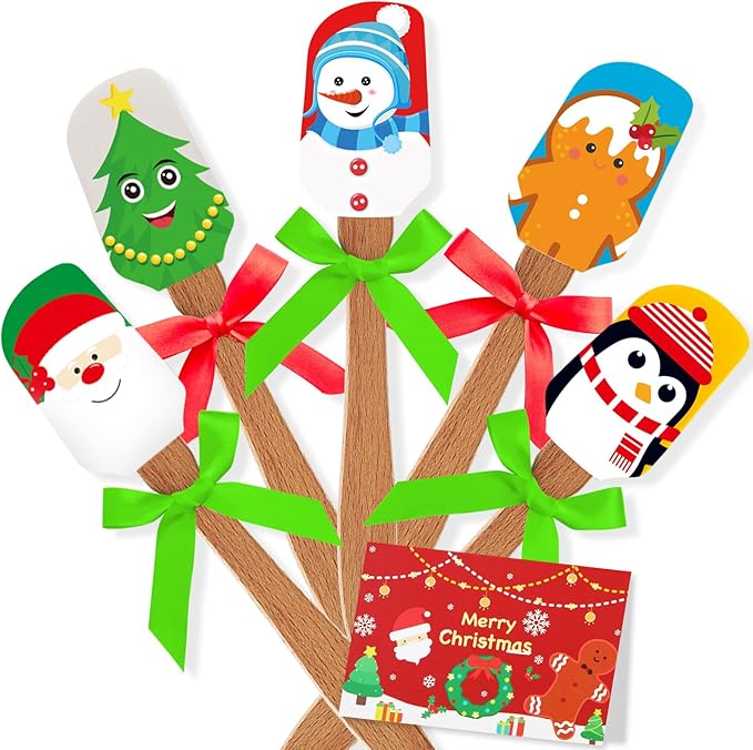 Newtay 5 Sets Christmas Silicone Spatula Cake Spatula Bulk Cooking Scraper with Wooden Handle Xmas Greeting Card Ribbon for Christmas Decoration Holiday Gifts Kitchen Party Favors (Cute Style)