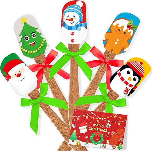 Newtay 20 Sets Christmas Silicone Spatula Cake Spatula Bulk Cooking Scraper with Wooden Handle Xmas Greeting Card Ribbon for Christmas Decoration Holiday Gifts Kitchen Party Favors (Cute Style)