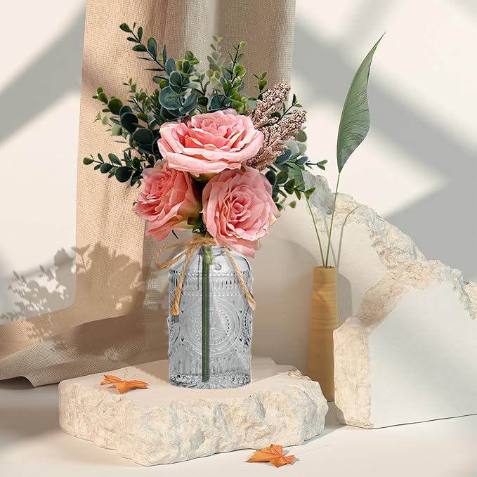 Silk Flowers with Vase, Artificial Flowers Arrangement with Glass Vase Artificial Flowers Bouquet for Decoration Table Centerpiece (Pink)