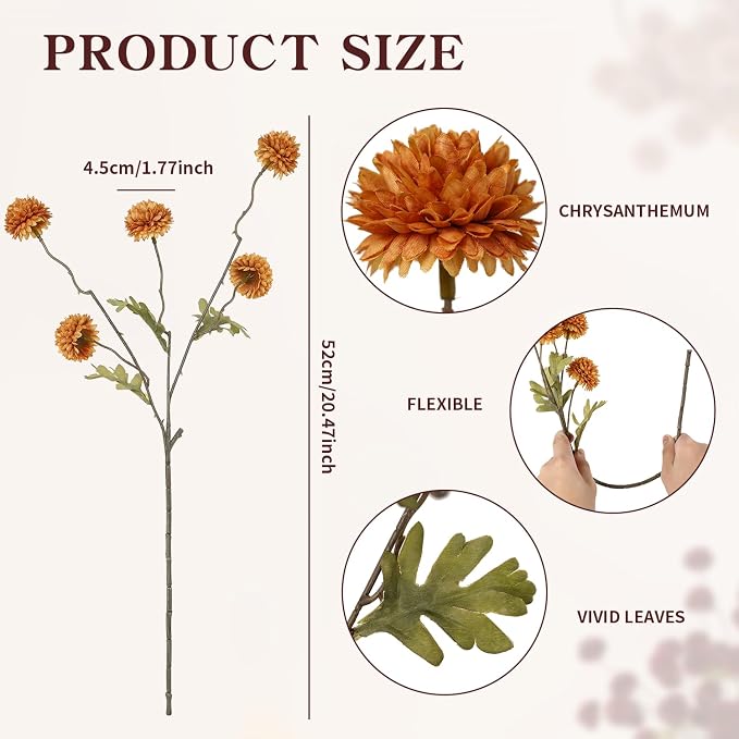 DuHouse 6pcs Artificial Flowers Faux Silk Pompon Mum,Silk Small Mini Chrysanthemum Ball with Stems for DIY Wedding Bouquets Centerpieces Vase Home Table Kitchen Decorations(Burnt Orange)
